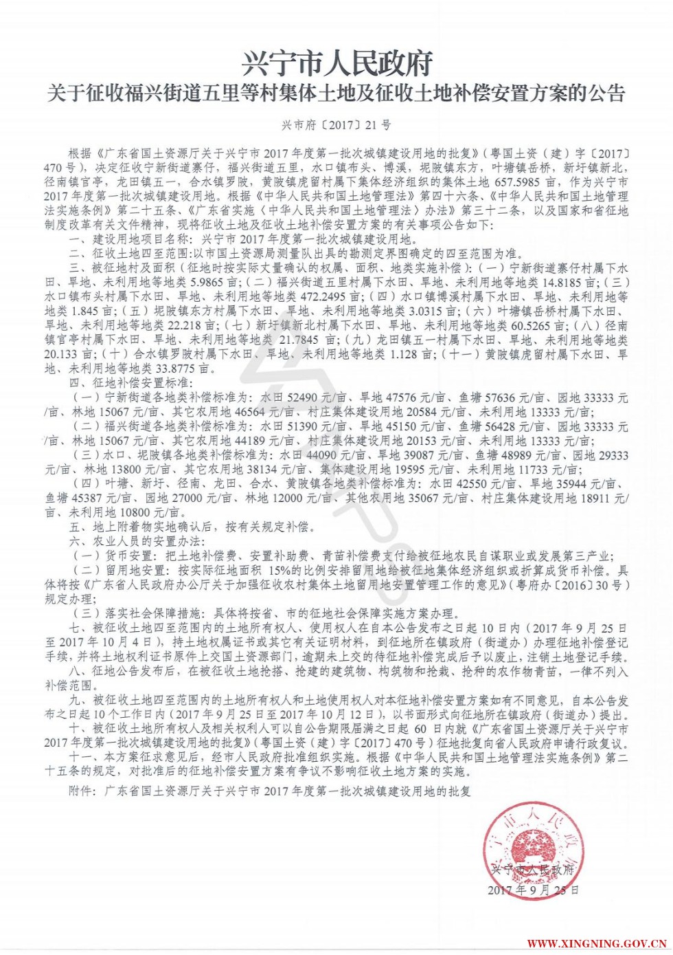 興寧市人民政府關(guān)于征收福興街道五里等村集體土地及征收土地補(bǔ)償安置方案的公告  興市府[2017]21號(hào).jpg